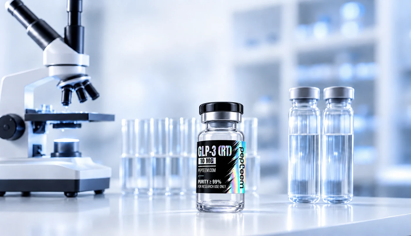 A Pepteem GLP-3 (RT) vial on a laboratory bench beside a microscope and prepared sample vials